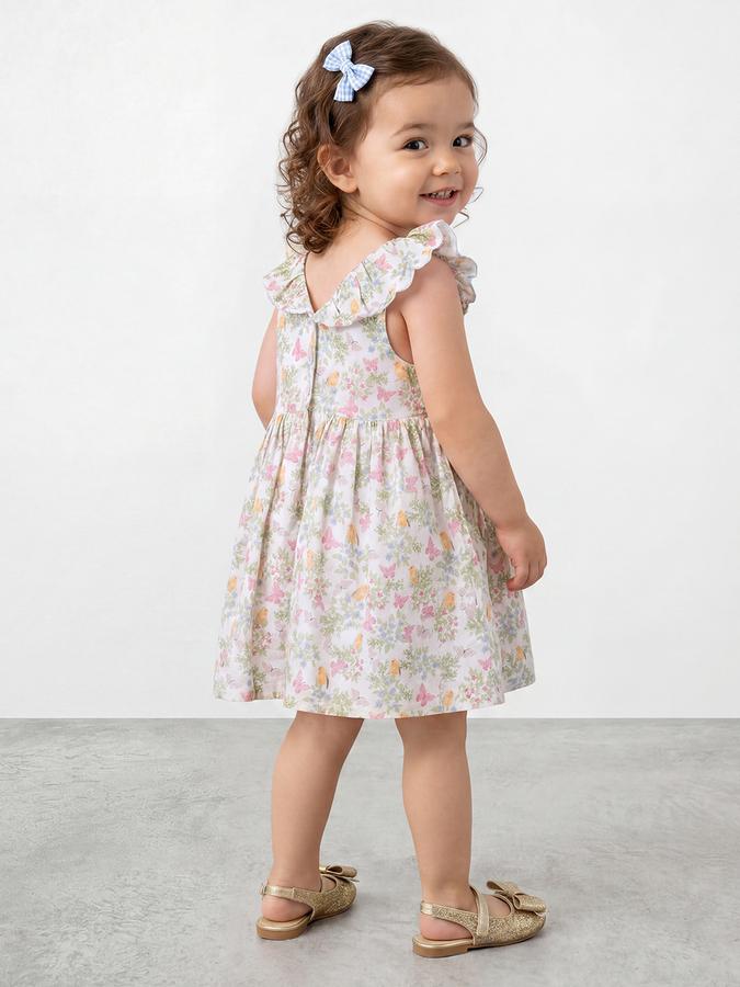 R&B Girl White Floral Butterfy Print Pure Cotton Sleeveless Fit and Flare Dress