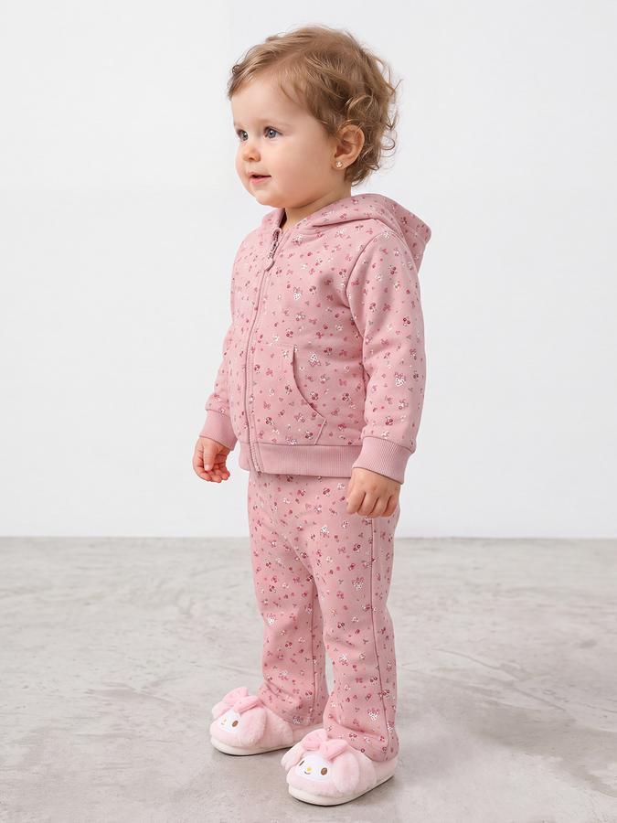 R&B Girls Light Pink Floral Print Hooded Sweatshirt & Pants Night Suit