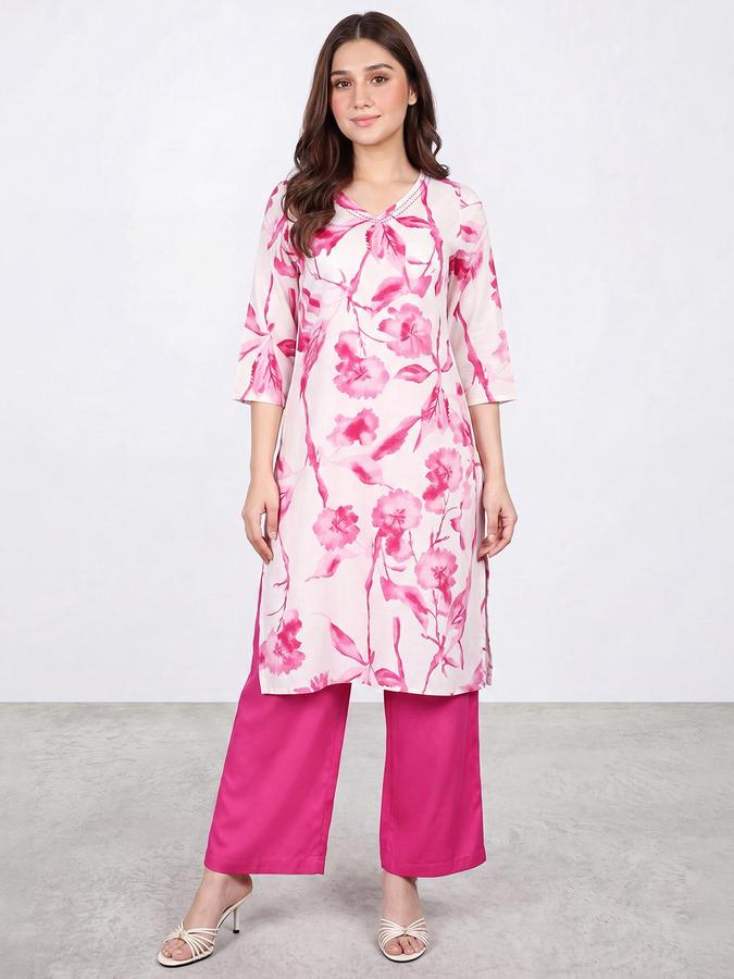 R&B Women Pink Floral Print V-Neck Knee Length Pure Cotton Ethnic Kurta