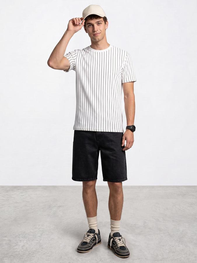 R&B Men Ivory Striped Short Sleeves Round Neck T-Shirt