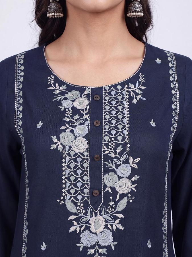 R&B Women Navy Blue Floral Embroidery Round Neck Three-Quarter Sleeves Ethinic Kurta