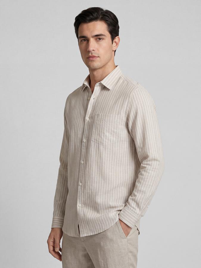 R&B Beige Striped Men Spread Collar Long Sleeves Shirt