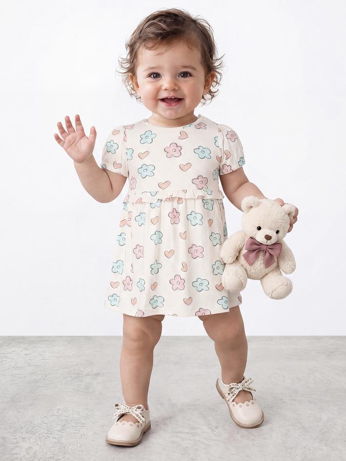 R&B Girl Beige Round Neck Printed Dress