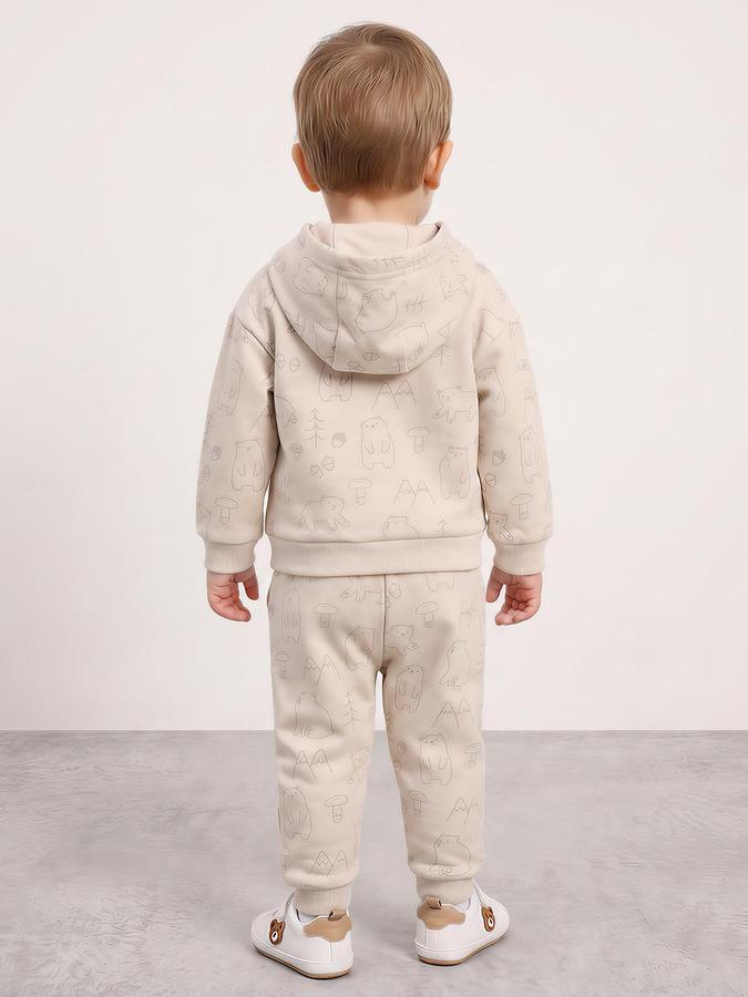 R&B Boys Long Sleeve Hooded Bear Print Beige Hoodie and Jogger Set