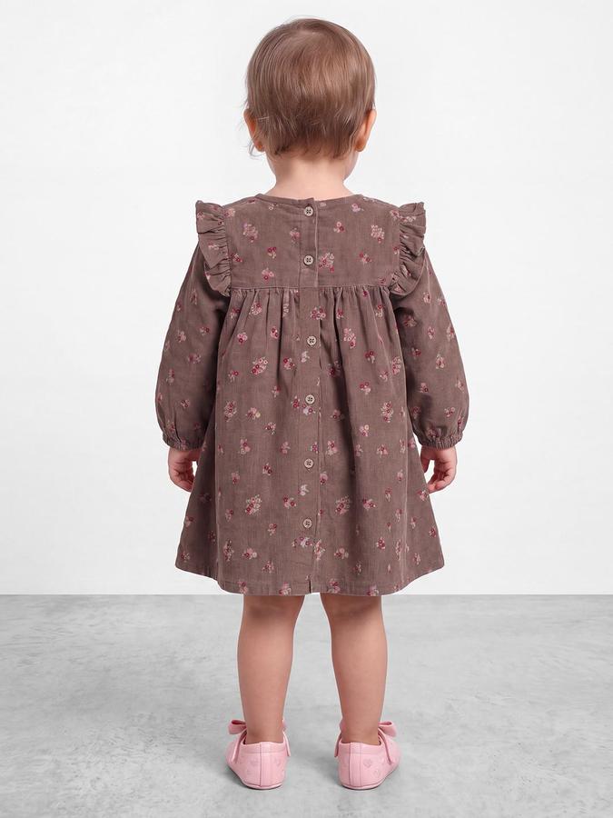 R&B Girls Brown Floral Print Round Neck Bishop Sleeves A-Line Dress