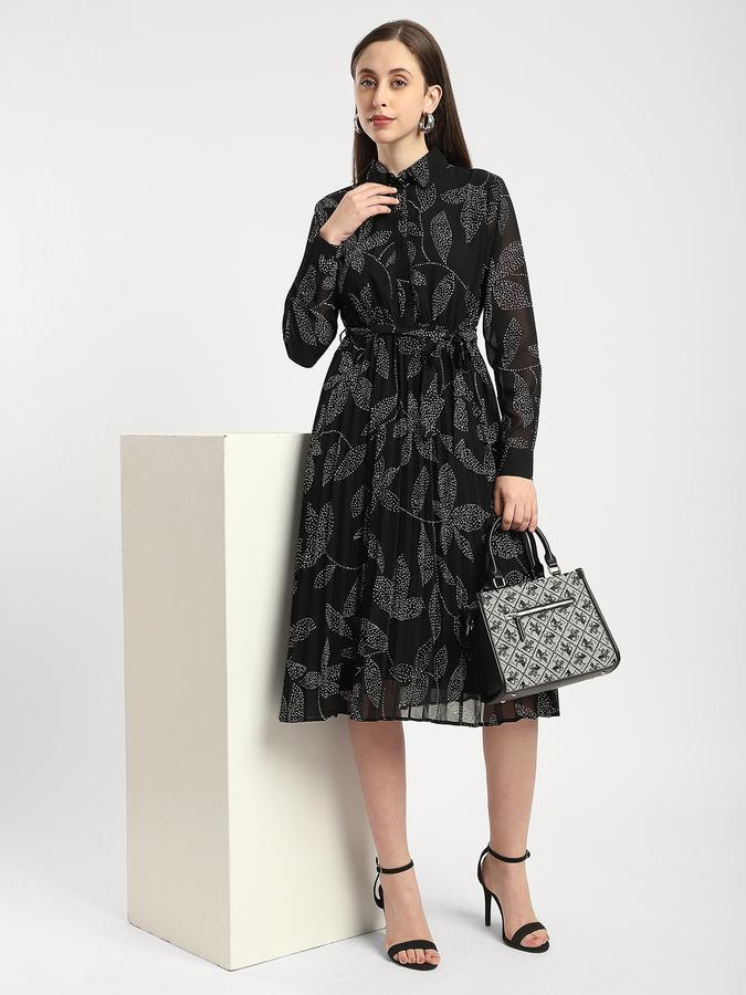 R&B Women Black Leaf Print Tiered Shirt Dress