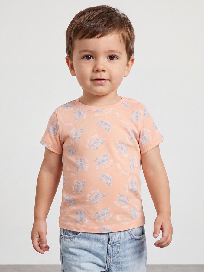 R&B Boys Light Orange Short Sleeve Round Neck Car Graphic Print T-Shirt