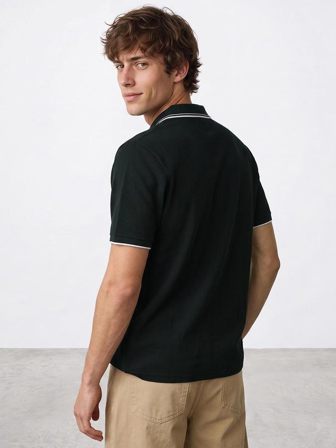 R&B Men Dark Green Textured Short Sleeves Polo Collar T-Shirt