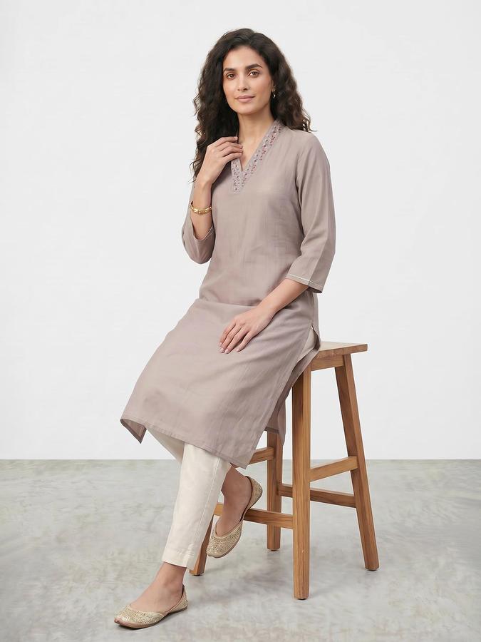 R&B Women Beige Embroidered V-Neck Three-Quarter Sleeves Calf Length Straight Kurta 