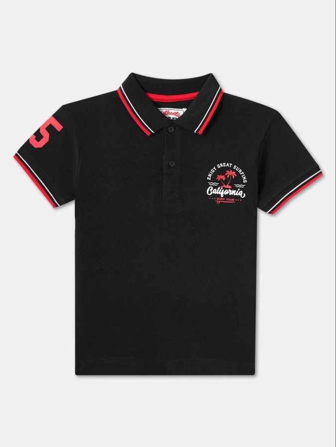 R&B Black Cotton Polo Collar Printed Boy T-Shirt
