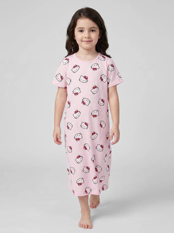 R&B Pink Printed Short Sleeves Round Neck Maxi Girls T-shirt Nightdress