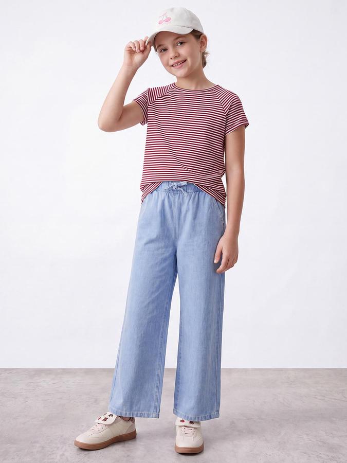 R&B Girls Blue Solid Wide Leg High Rise Jeans