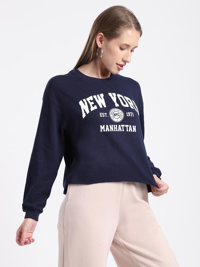 R&B Women Navy Typography Print Cropped Sweatshirt