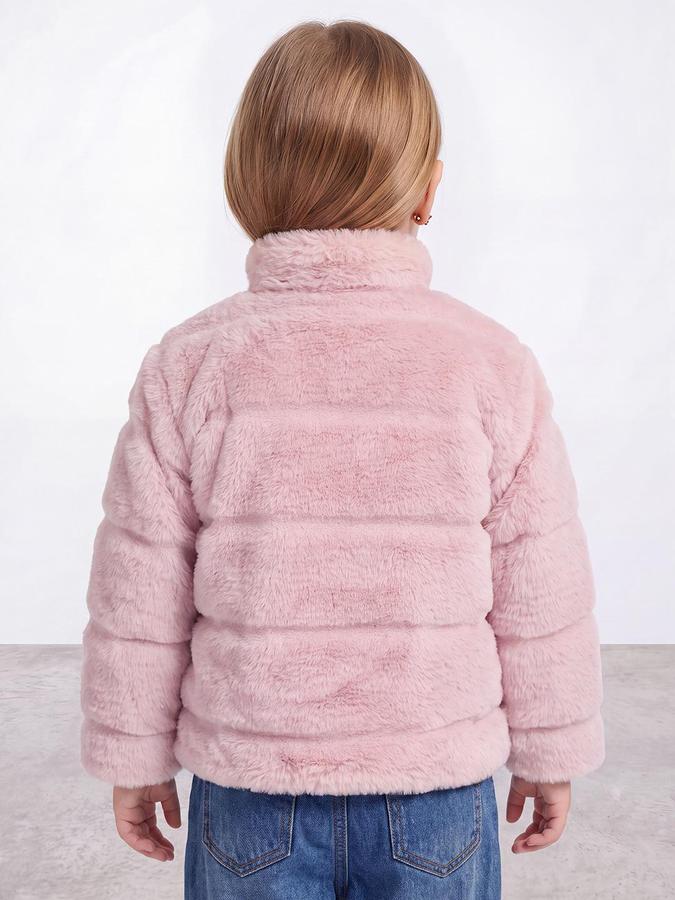 R&B Girls Pink Self Design Raised Collar Fur Jacket