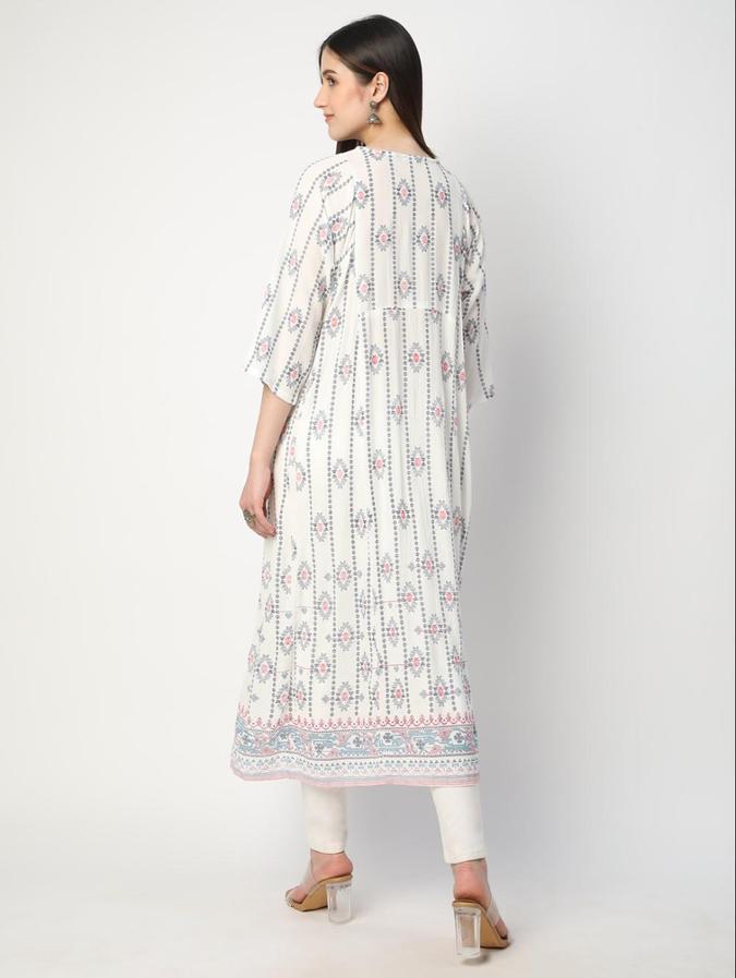 R&B White Geometric Printed Women Three-Quarter Sleeves Kurta