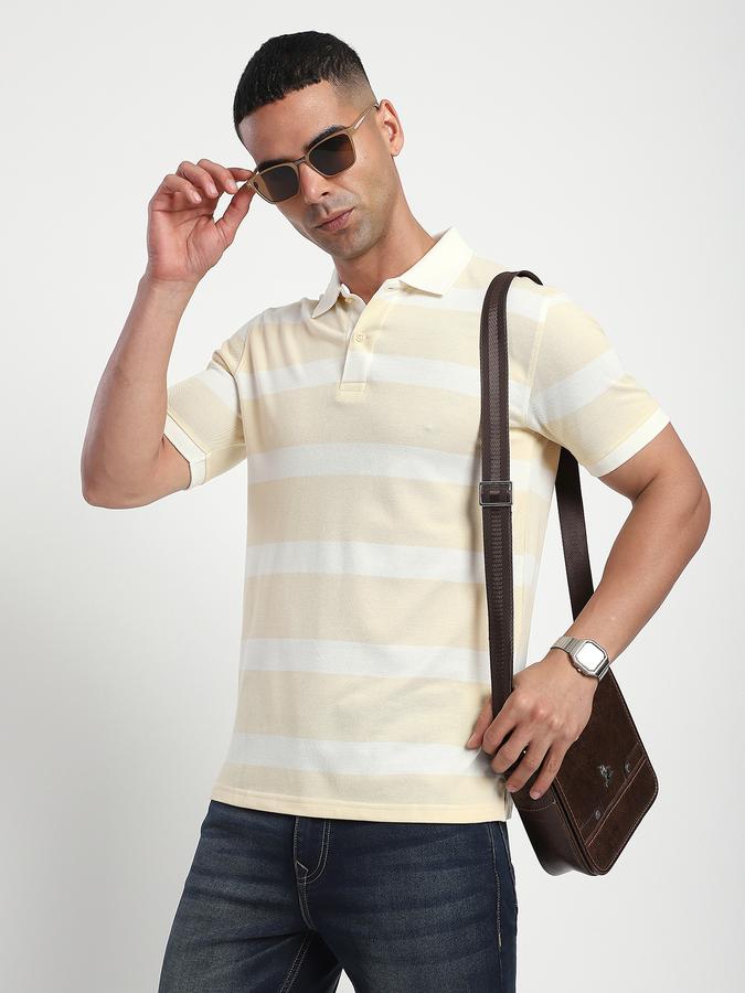 Men Cotton Blend Slim Fit Polo Neck Striped T-shirt