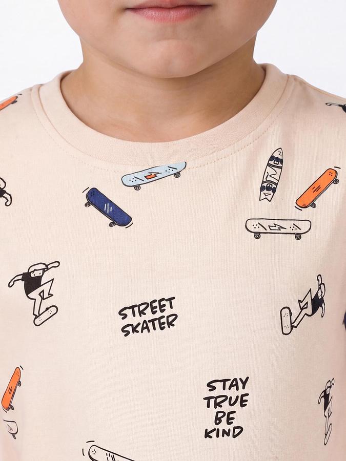 R&B Boys Beige Short Sleeve Round Neck Cute Graphic Print T-Shirt