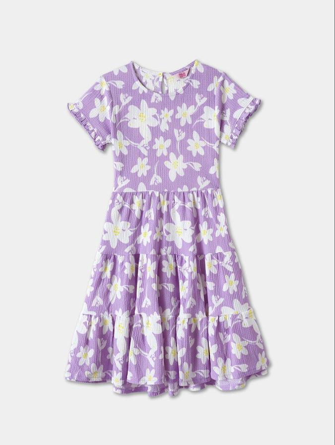 R&B Purple Floral Printed Girls Short Sleeves Dress
