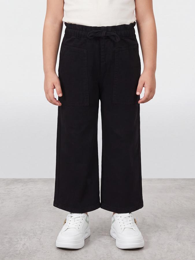 R&B Girls Black Solid Pure Cotton Wide Leg Mid Rise Trousers