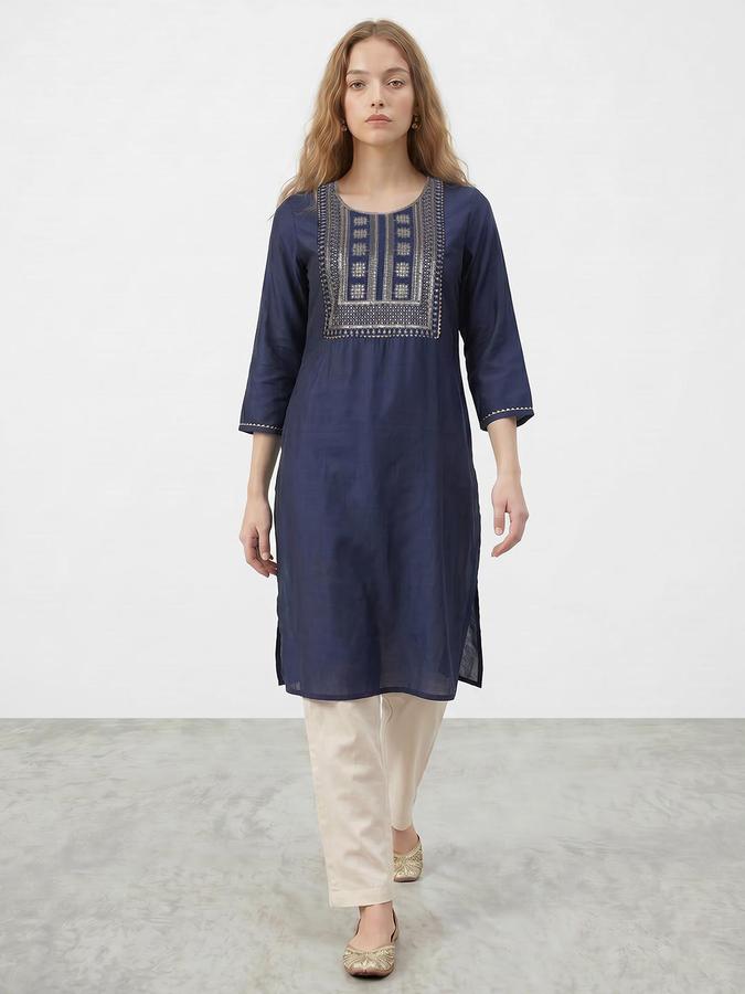 R&B Women Navy Blue Embroidered Round Neck Three-Quarter Sleeves Calf Length Straight Kurta 