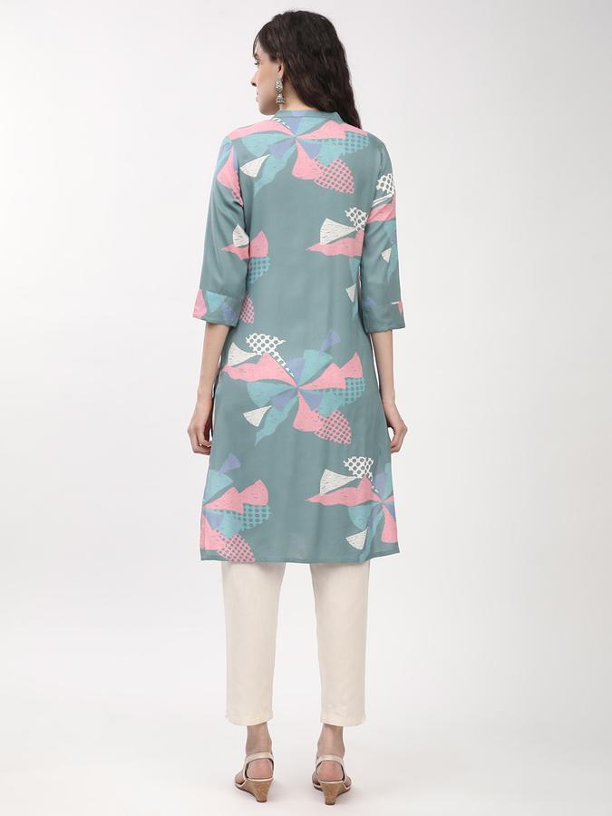 Women's regular fit sea green abstract printed mandarin collared straight kurta image number 2