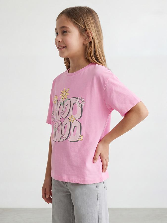 R&B Girls Pink Regular Fit Floral Print Short Sleeve T-shirt