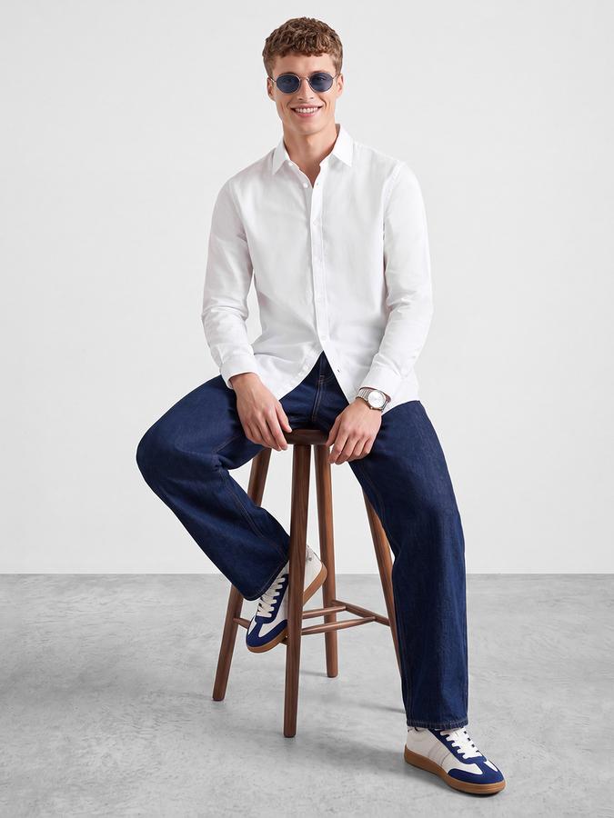 R&B Men's White Long Sleeves Spread Collar Cotton Slub Shirt