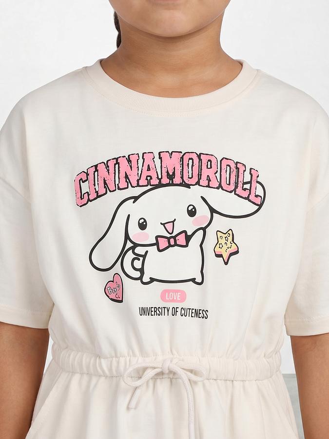 R&B Girl Beige Cinnamoroll Print Pure Cotton Short Sleeves Fit and Flare Dress