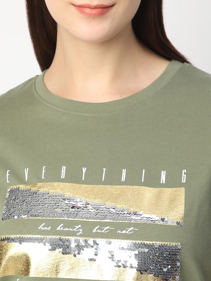 Women Cotton Regular Fit Crew Neck Embellished T-shirt