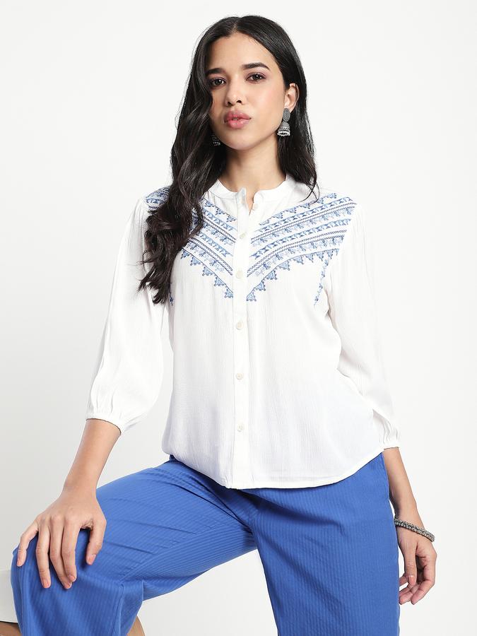 Women Viscose Regular Fit Mandarin Collar Embroidered Top