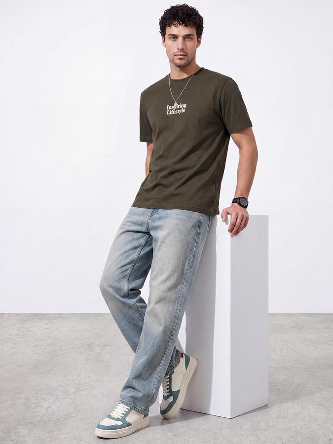 R&B Men Olive Short Sleeve Round Neck Typography Print T-Shirt