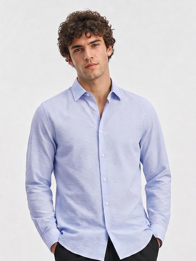 R&B Men Sky Blue Button Down Long Sleeves Textured Shirt