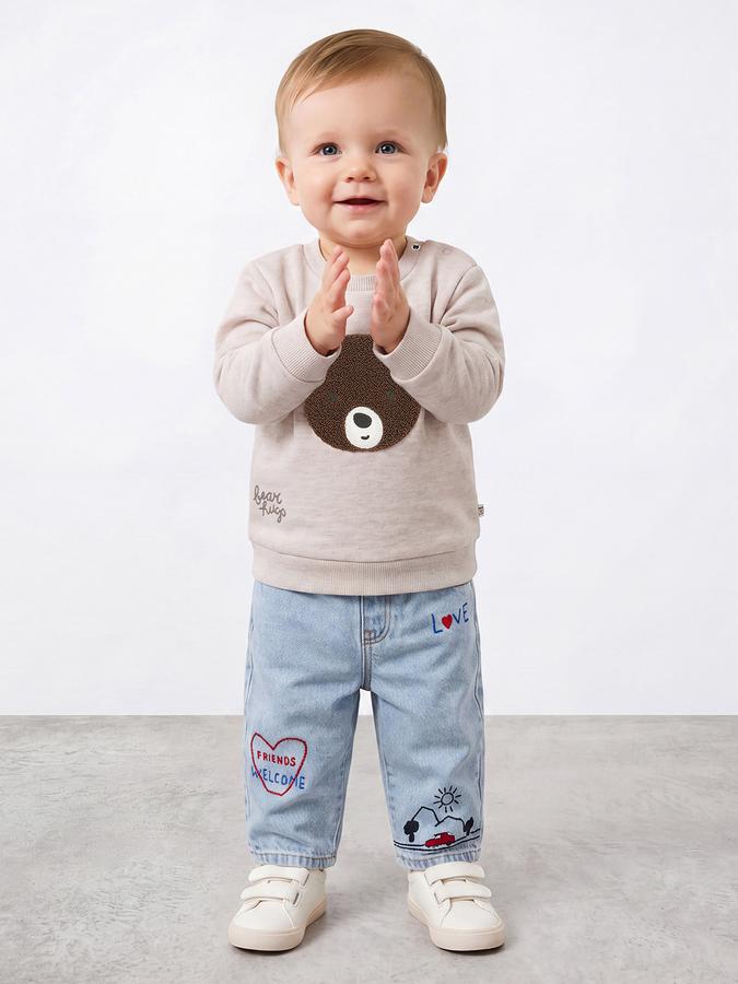 R&B Boys Beige Teddy Self Design Long Sleeves Sweatshirt