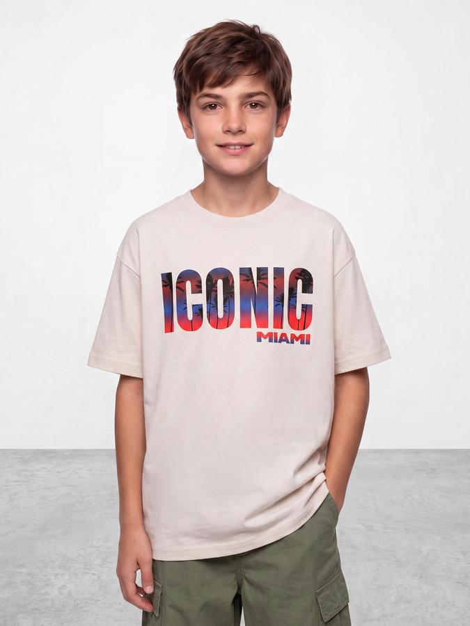 R&B Boys Cream Typography Print Short Sleeves Round Neck Pure Cotton T-Shirt