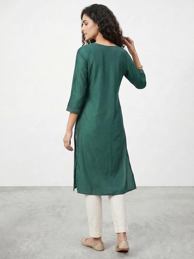 R&B Women Sea Green Printed Stylised Neck Three-Quarter Sleeves Calf Length Straight Kurta 