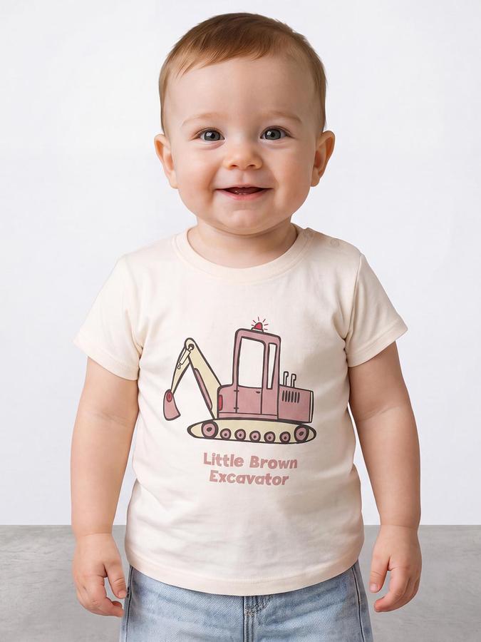 R&B Boys Light Beige Short Sleeve Round Neck Excavator Graphic Print T-Shirt