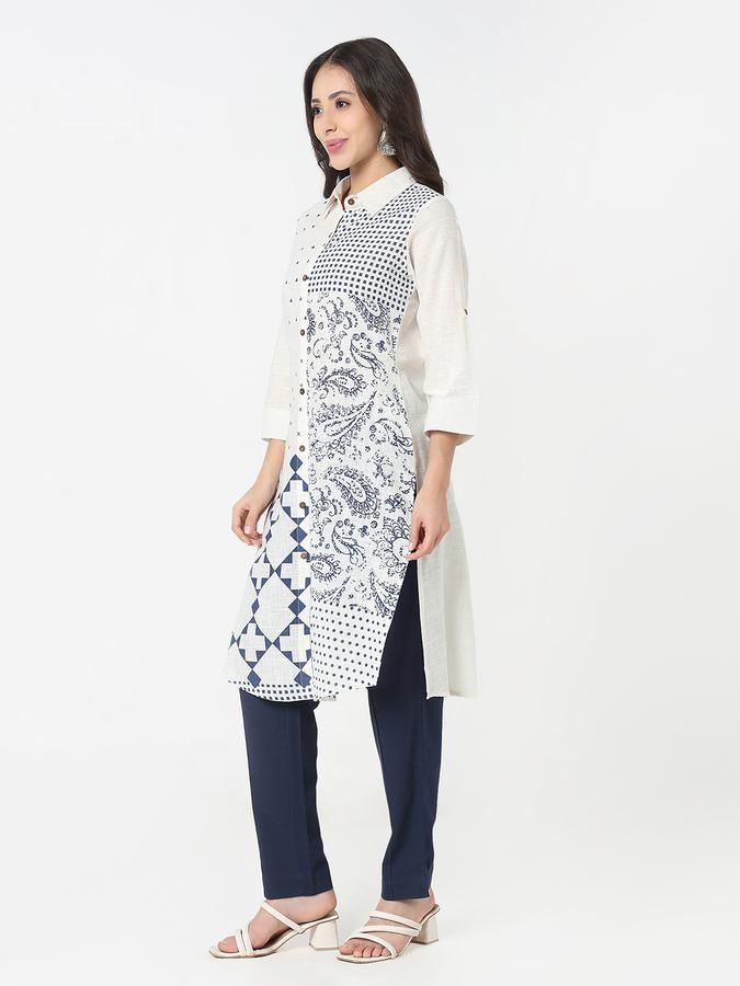Women's regular fit casual patch work printed collared straight kurta with 3/4th sleeves  image number 2