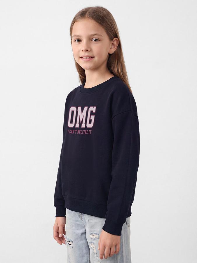 R&B Girls Dark Blue Typography Placement Print Long Sleeves Round Neck Sweatshirt