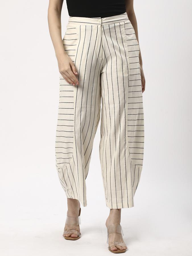 Women Cotton Wide Leg Elasticated Waist Striped Trousers