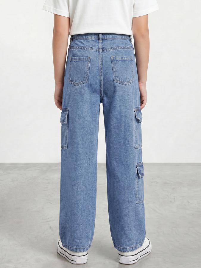 R&B Girls Navy Blue Regular Fit Solid Mid-Rise Cotton Jeans