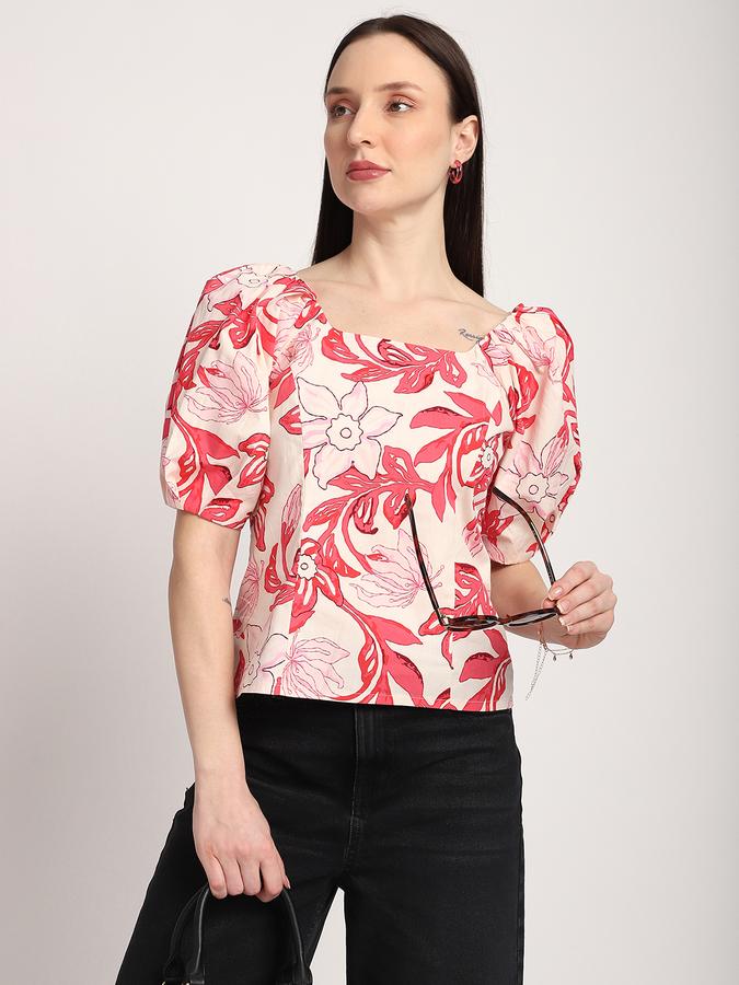 R&B Women Peach Floral Print Puff-Sleeve Top