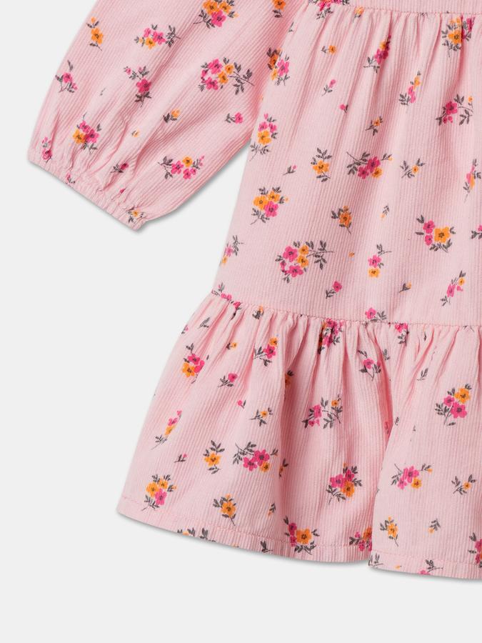 Girls Floral Print Long Sleeve Round Neck Tiered Dress