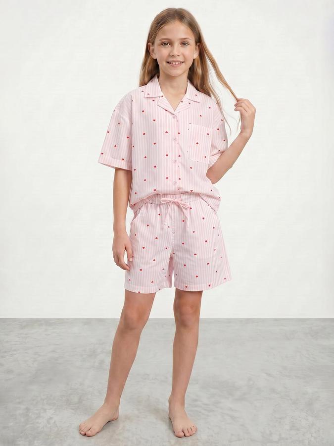R&B Girls Pink Striped Shirt Collar Short Sleeves Pure Cotton Shirt &amp; Shorts Set