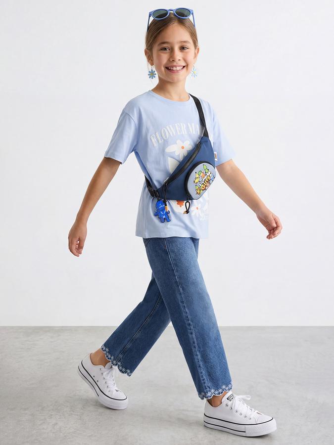 R&B Girls Blue Regular Fit Floral Print Short Sleeve T-shirt
