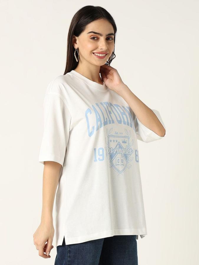 R&B Womens White Typography Printed  Round Neck Short Sleeves T-shirt