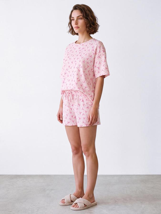 R&B Women Light Pink Bow Print Round Neck Short Sleeves Pure Cotton T-shirt & Shorts Set