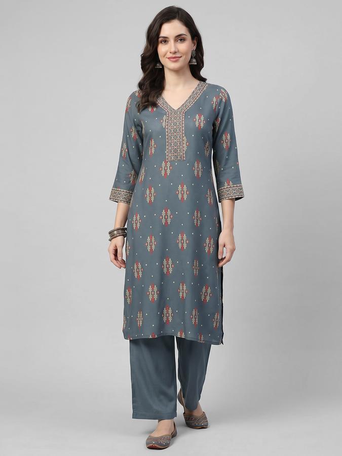 R&B Grey Printed Women Three-Quarter Sleeves V-Neck Kurta