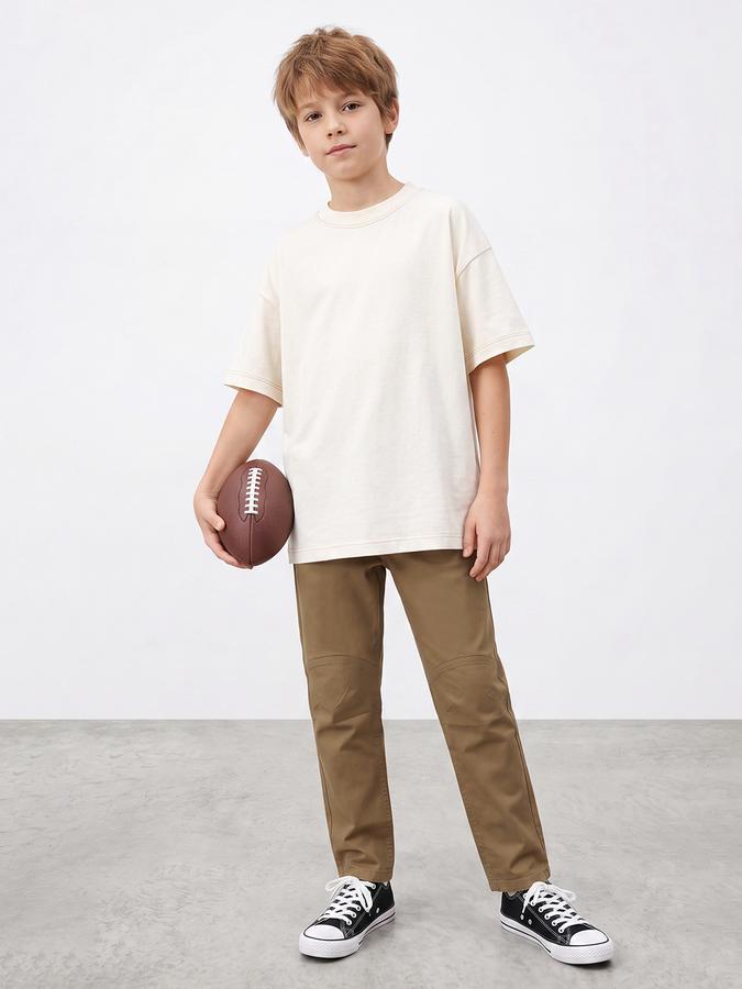 R&B Boys Khaki Solid Regular Fit Mid Rise Trousers