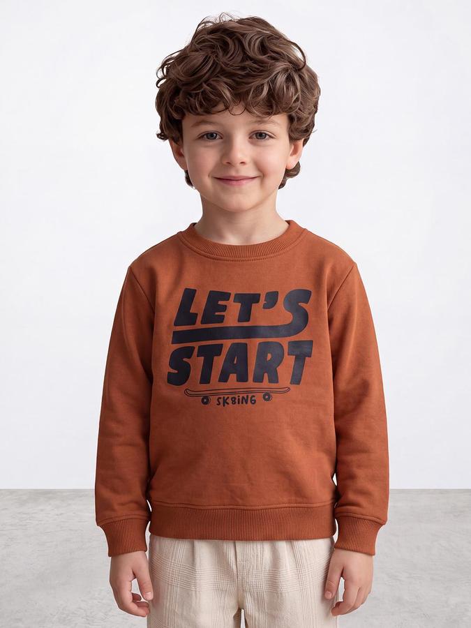 R&B Boys Light Brown Bold Graphic Round Neck Long Sleeves Regular Fit Sweatshirt