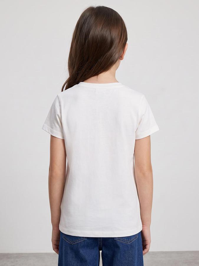 R&B Girls White Graphic Print Short Sleeves Round Neck Pure Cotton T-Shirt
